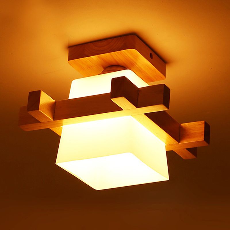 Red Brown Checkered Ceiling Fixture Modern Wooden Flush Mount Light with White Glass Shade