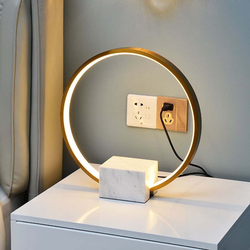 Gold Hoop Nightstand Lamp Minimalist Aluminum LED Table Lighting with Block Marble Pedestal