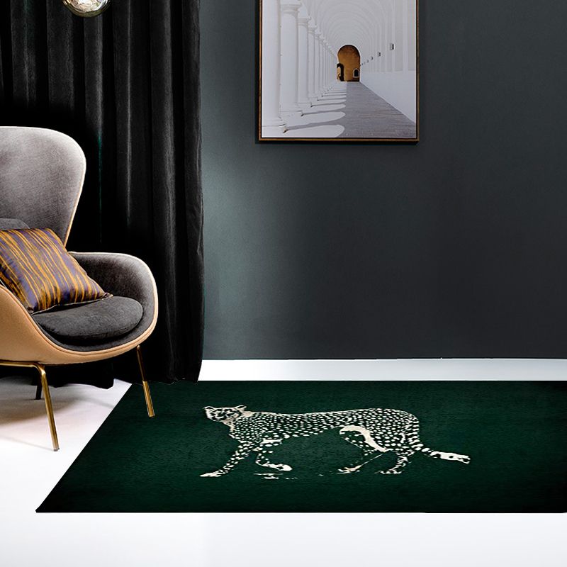 Dark Green Contemporary Rug Polyester Cheetah Print Rug Washable Non-Slip Backing Carpet for Living Room