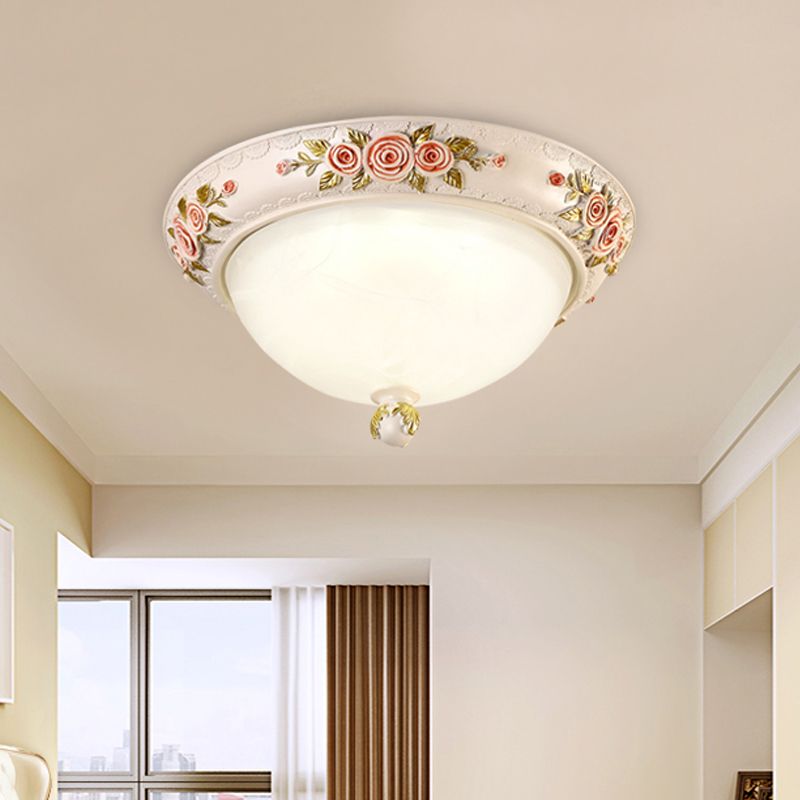 Countryside Style Korea Domed Flush Lamp White Glass LED Flushmount Lighting with Carved Flower Deco, 12"/16" W