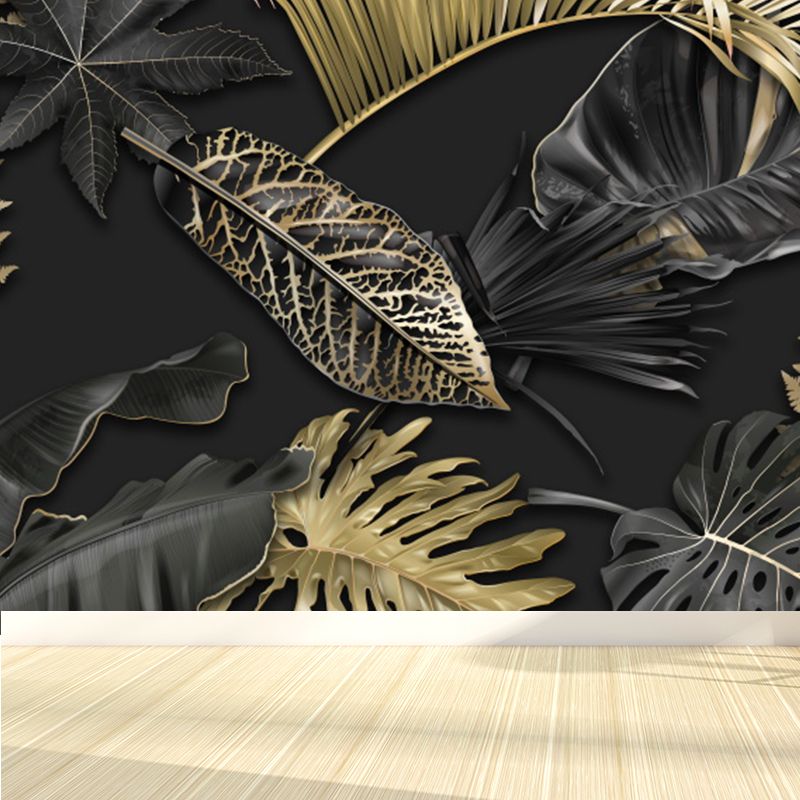 Black Leaves Mural Wallpaper Botanical Tropical Washable Wall Covering for Kitchen