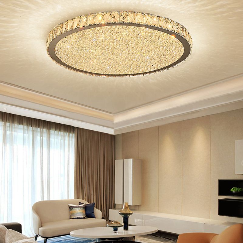Plafonnier circulaire moderne à 1 lumière en cristal clair/ambre de 8,5"/14"/18" de large, luminaire de plafond à LED en lumière chaude/blanche
