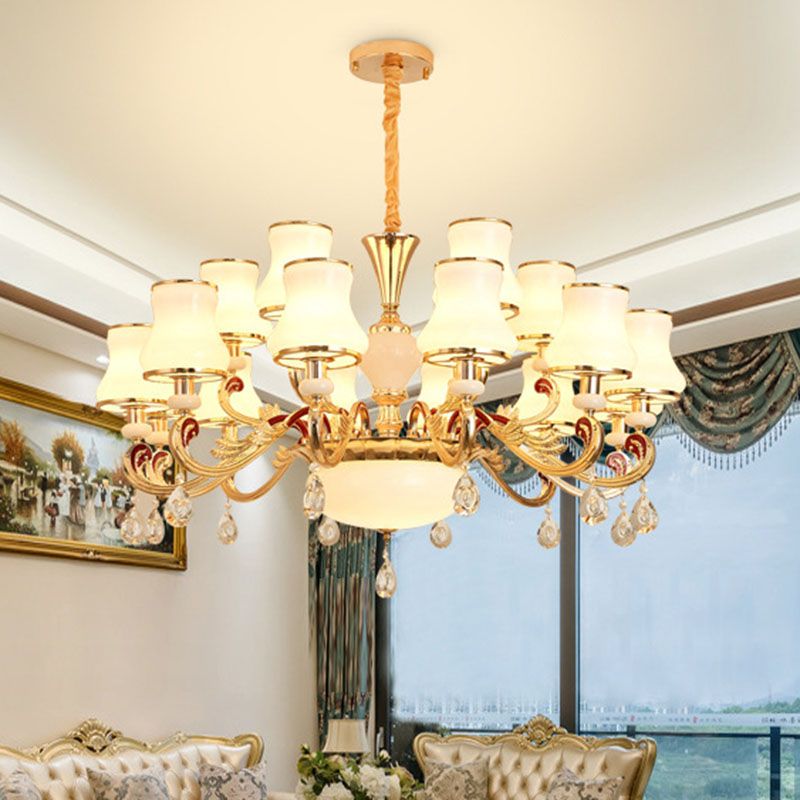 Simplicidad Candelier Light Opal Opal Glass Sala Drop de gota en oro