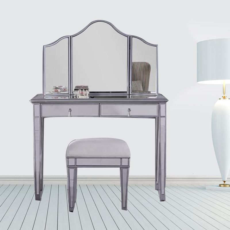 2 Drawers Mirrored Makeup Table and Stool Set Vanity for Women in Silver