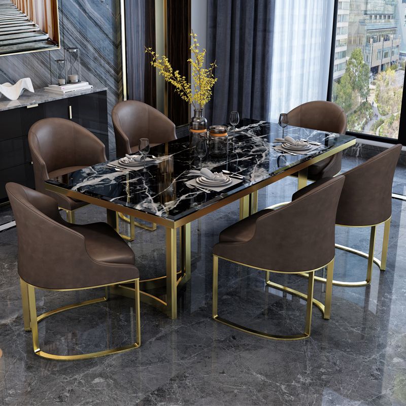 Luxury Sintered Stone Top Kitchen Table Rectangle Table with Gold Double Pedestal