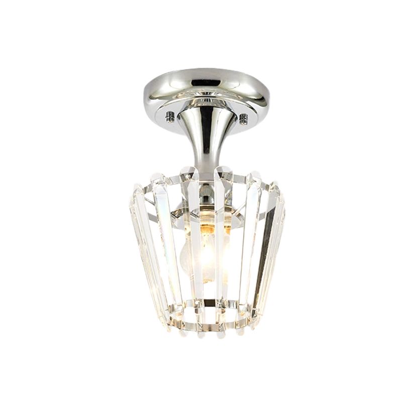 Minimalism Tapered Mini Ceiling Fixture 1-Light Crystal Semi Flush Mount Lighting Fixture in Chrome