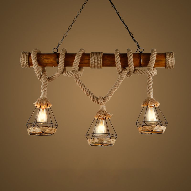 3-Light Hemp Rope Island Pendant Countryside Beige Shaded Restaurant Suspension Light