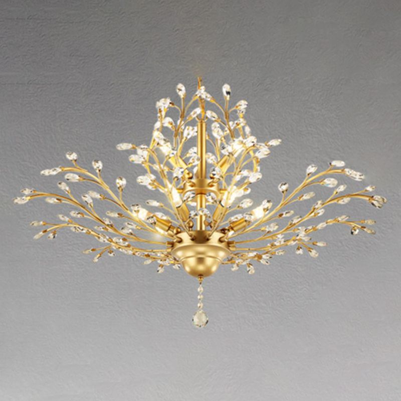 Country Style Foliage Chandelier Metal Suspension Light with Crystal Decor in Gold