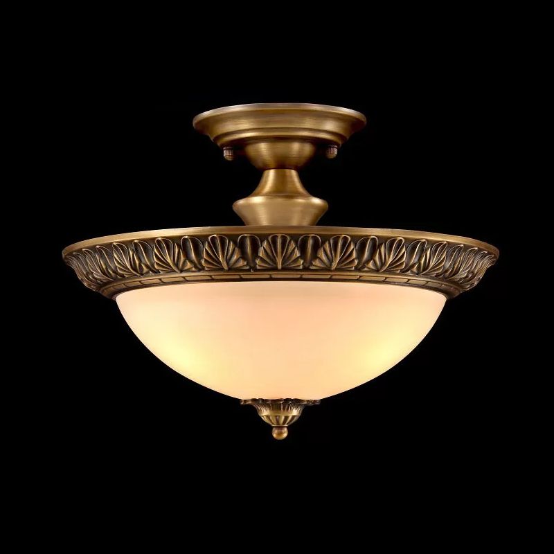 Small/Large Bowl Milk Glass Semi Flush Classic Bedroom LED Ceiling Light with Carved Cloud/Leaf/Flower Edge in Bronze