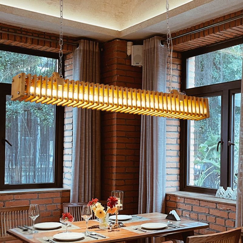 Modern Metal Ceiling Light Rectangle Shape Island Light with Wood Shade for Living Room