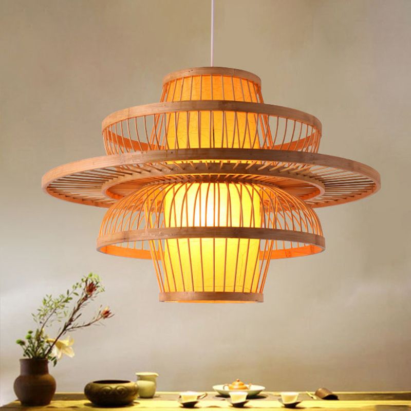 Lotus-Shaped Pendant Light Contemporary Bamboo Single-Bulb Wood Suspension Light Fixture