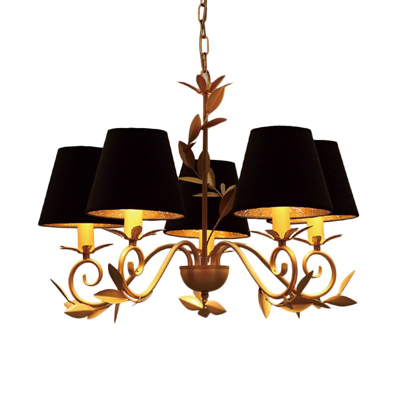 5 Lights Cone Pendant Lighting Vintage Black Fabric Hanging Chandelier for Dining Room