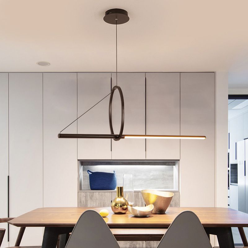 Anello di metallo e luce a sospensione dell'isola lineare Luce a soffitto a LED NERO CONTENTERIORE per sala da pranzo