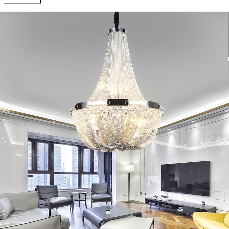 Basket Dinning Room Chandelier Light Fixture Metal Modern Style Hanging Chandelier in Chrome