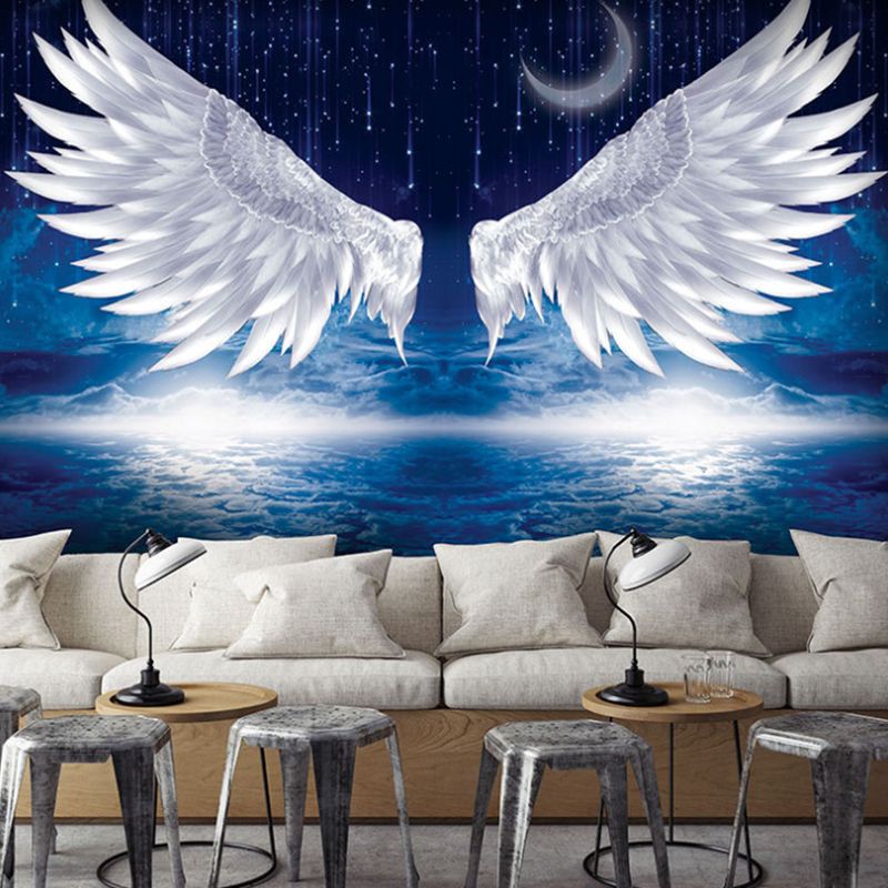 Full Size Wing Mural Wallpaper in White and Blue Non-Woven Fabric Wall Covering for Home Decor, Custom-Made