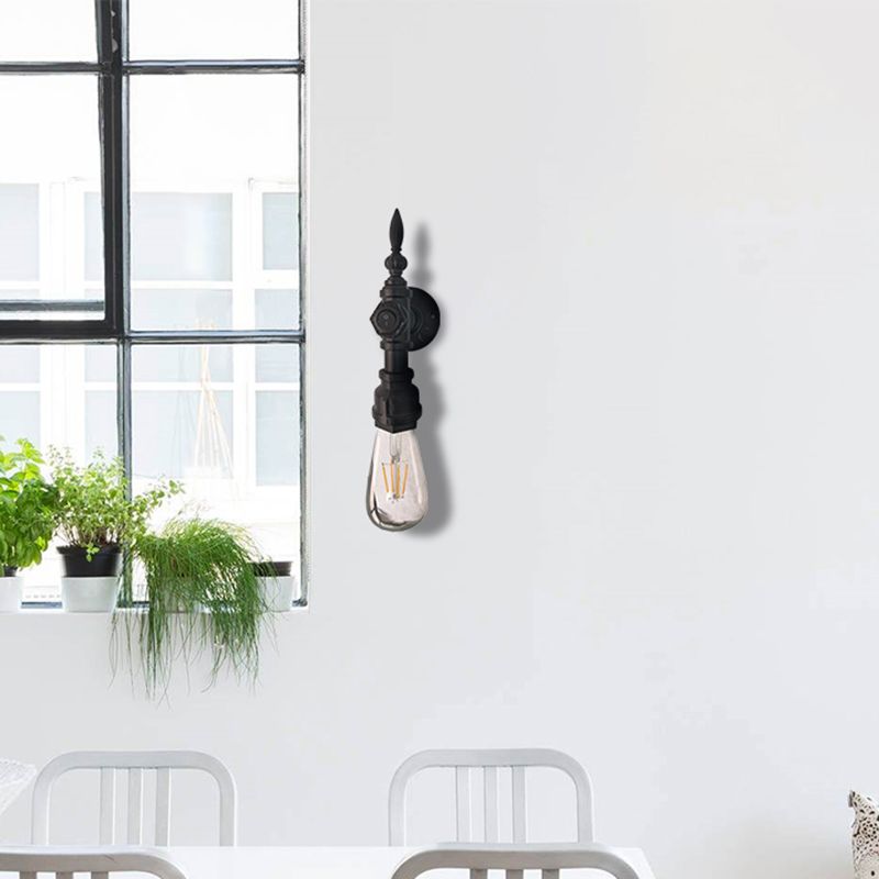 Open Bulb Dining Room Wall Lamp Vintage Style Metal 1 Head Black Wall Light Sconce with On/Off Switch