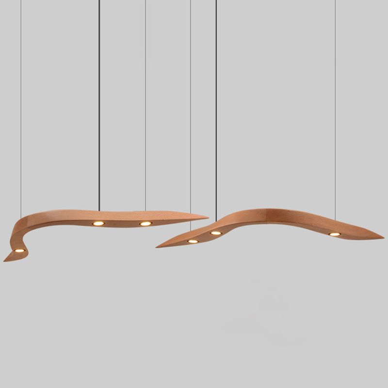 Minimalist Novelty 3-Light Pendant Curved Pendant Light with Wooden Shade for Bar