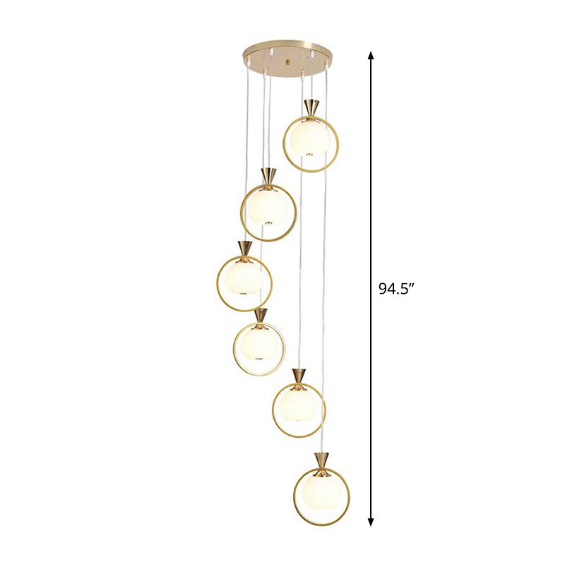Éclairage de suspension en forme de balle Simplicité Verre blanc Verre 6-Light Multi-pendentif avec boucle métallique en or