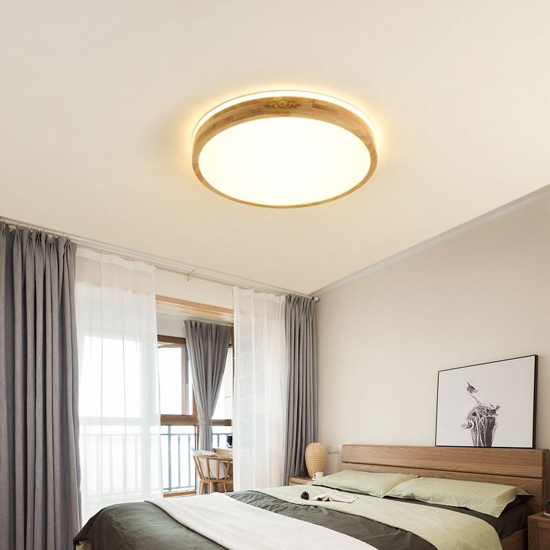 Modern Style Round Shape Flush Mount Wood 1-Light Ceiling Light for Bedroom