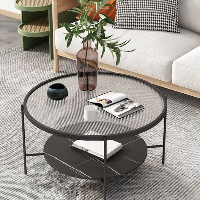 Modern Style Round Glass Table Plate Metal 4 Legs Base with Storage Rack Coffee Table