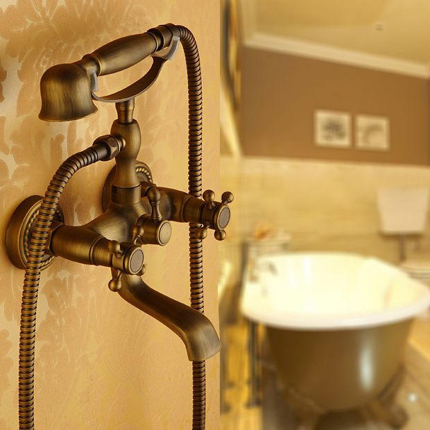 Traditional Floor Mounted Metal Freestanding Tub Filler Double Handles Bathtub Faucet