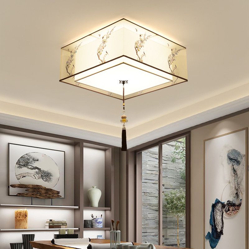 Lampe à encastrer traditionnelle pour chambre à coucher avec abat-jour en tissu géométrique en blanc