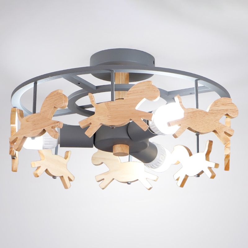 Merry-Go-Round Kindergarten Ceiling Lamp Wooden 3-Head Kids Semi Flush Mount Light