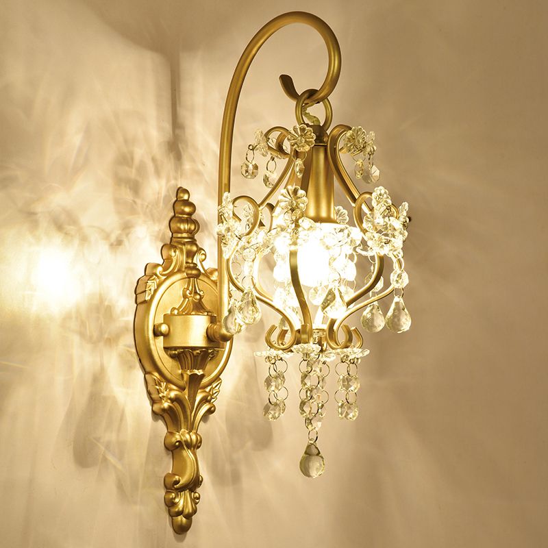 1 Light Scrolled Frame Wall Lamp Countryside Brass Metal Wall Mount Lighting with Crystal Accent
