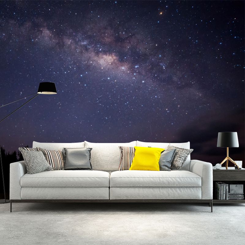 Huge Scenery Wall Paper Mural Modern Enchanting Night Mountain with Starry Sky Wall Decor in Purple-Black