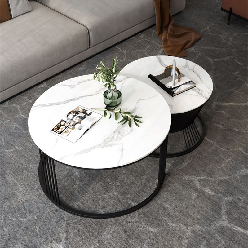 Contemporary Coffee Table Set Round White 2-Piece Coffee Cocktail Table