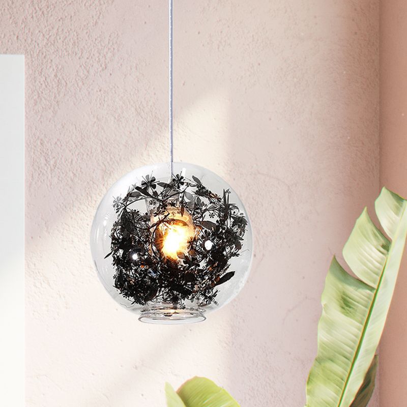 Luz de techo colgante de la esfera de vidrio transparente 1 Lámpara colgante de la cabeza 1 cabezal con diseño de plantas negras en el interior