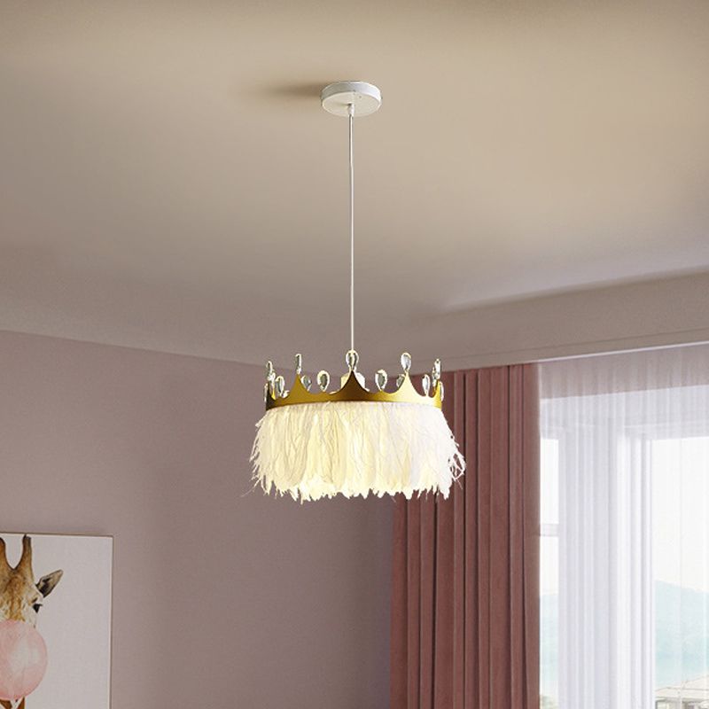Crown Shaped Kids Bedroom Pendant Lamp Feather 1-Light Nordic Hanging Light Fixture in Gold, 16"/19.5" W
