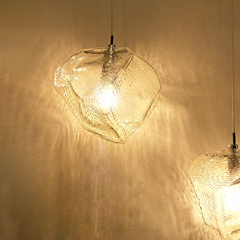 Icy Glass Stone Shaped Suspension Lamp Simplicity 1-Light Chrome Pendant for Dining Room
