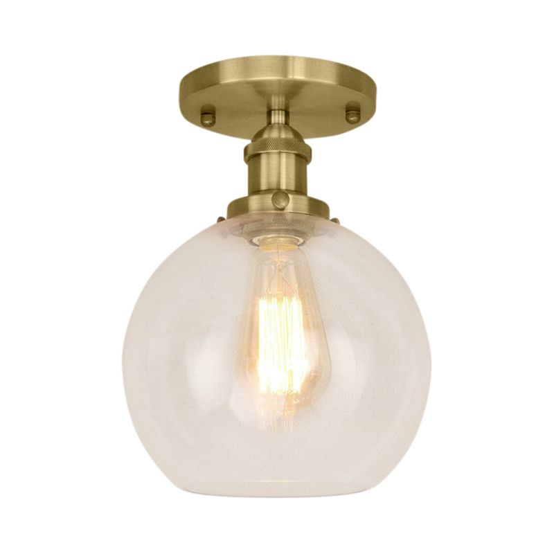 Plafonnier sphérique semi-affleurant industriel en verre transparent, une lumière, noir/laiton/cuivre, pour balcon
