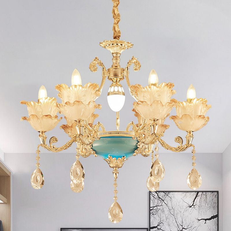 Gold Floral Chandelier Lighting Mid Century Frosted Glass 6/8 Heads Bedroom Pendant with Crystal Drop