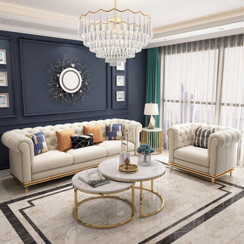 32.67" H Tufted Back Chesterfield Sofa Leather Tuxedo Arm Sofa