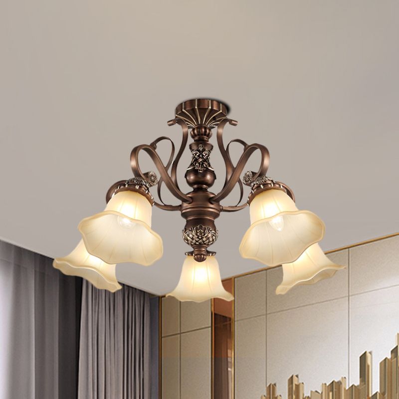 5/6/8 Lights Floral Shade Semi Flush Light Countryside Brown Opal Glass Close to Ceiling Lamp for Living Room