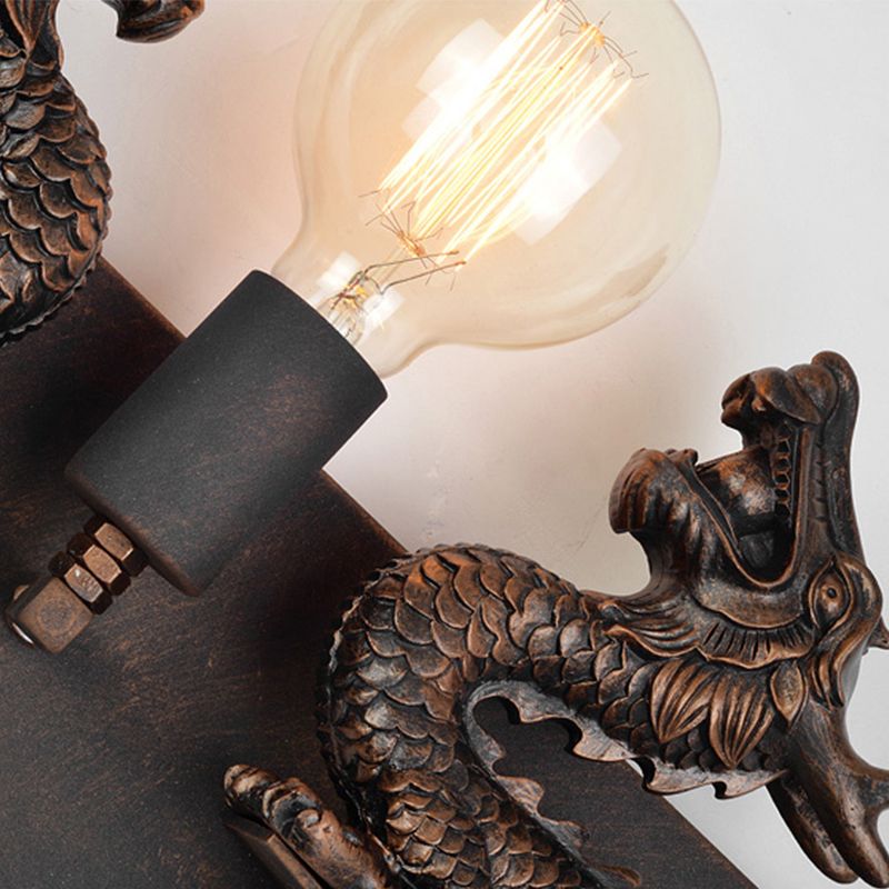 Dragon Wall Mount Light with Bare Bulb Design Rustic Industrial Wrought Iron Wall Sconce