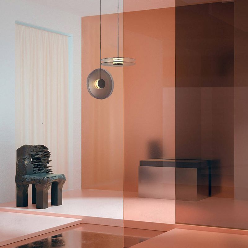 Modern Artistic LED Hanging Lamp Wrought Iron Circular Pendant Light with Glass Shade