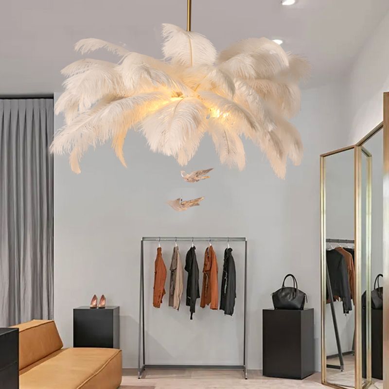 Shaded Ceiling Chandelier Simplistic Feather White Chandelier Light Fixture for Living Room