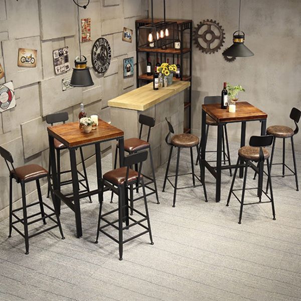 Industrial Square Solid Wood Bar Table Set 1/2/3/5 Pieces Counter Table with High Stools