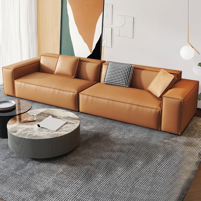 Contemporary Square Arm Sectional Orange Faux Leather Sectional