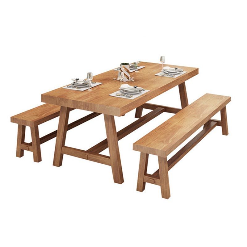 Solid Wood Top Dining Table Rectangle Pine Wood Table with Trestle Base