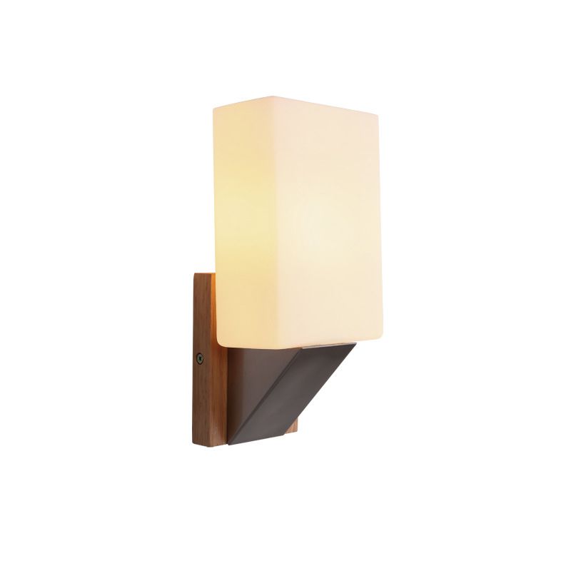 Modern Concise 1-Light Wall Lamp Wooden Geometric Wall Sconce with Glass Shade