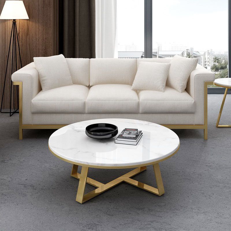 Round Marble Top Cocktail Table with Iron Cross Base Coffee Table