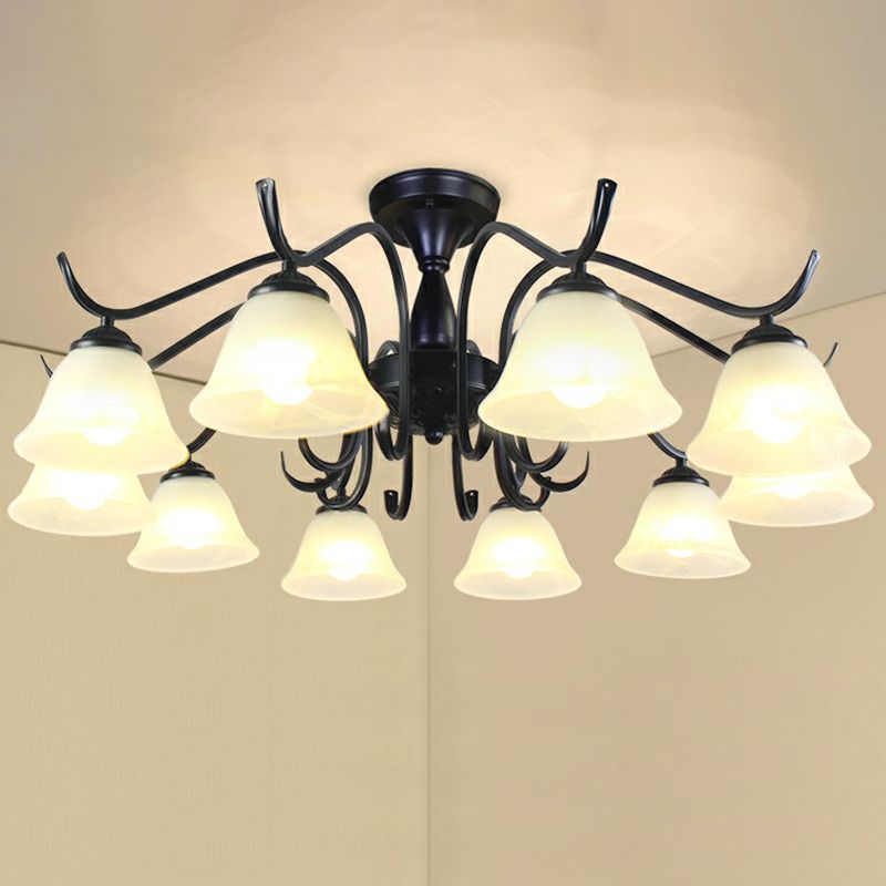 Zwarte belvormige semi -spoeling mount vintage opaalglas woonkamer dicht bij plafond kroonluchter