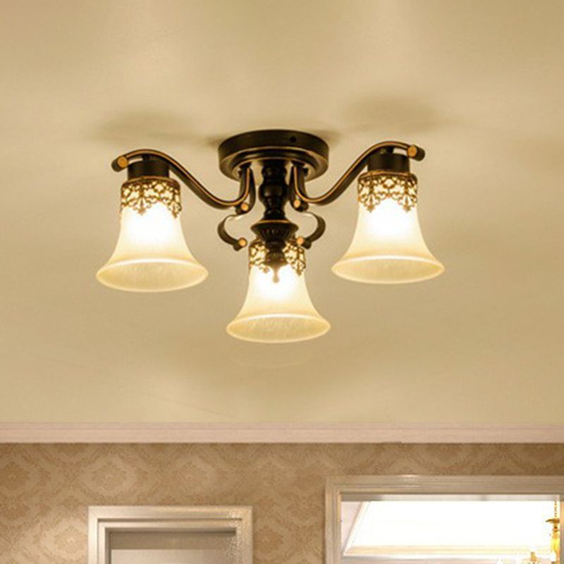 Beige Glass Bell Semi Flush Traditionelle Wohnzimmer Deckenmontage Kronleuchter in Schwarz