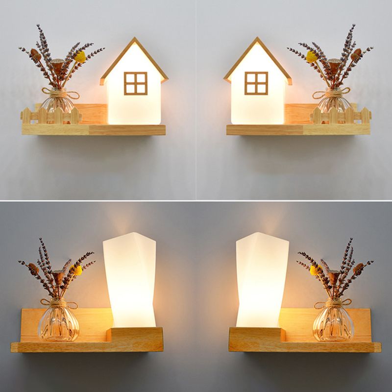 Beige Shaded Wall Sconce Lighting Contemporary Style Wood Wall Mount Light Fixture