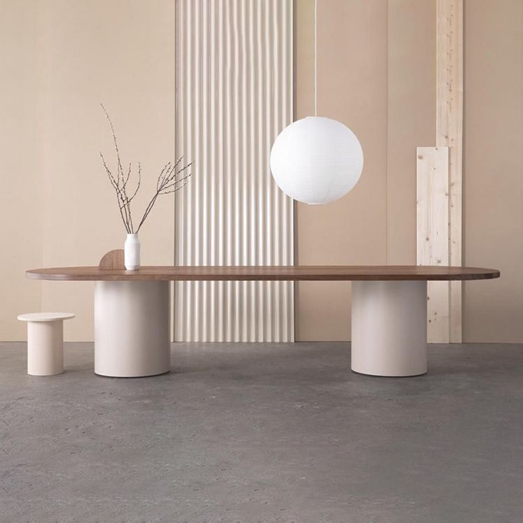 Modern Wood Top Oval Dinette Table Wood Two Base Dining Table