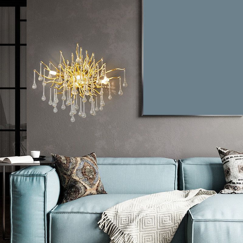 Starburst Wall Mount Light Art Deco Clear/Smoke Gray/Multicolor Waterdrop Crystal 3 Heads Gold Sconce Light Fixture
